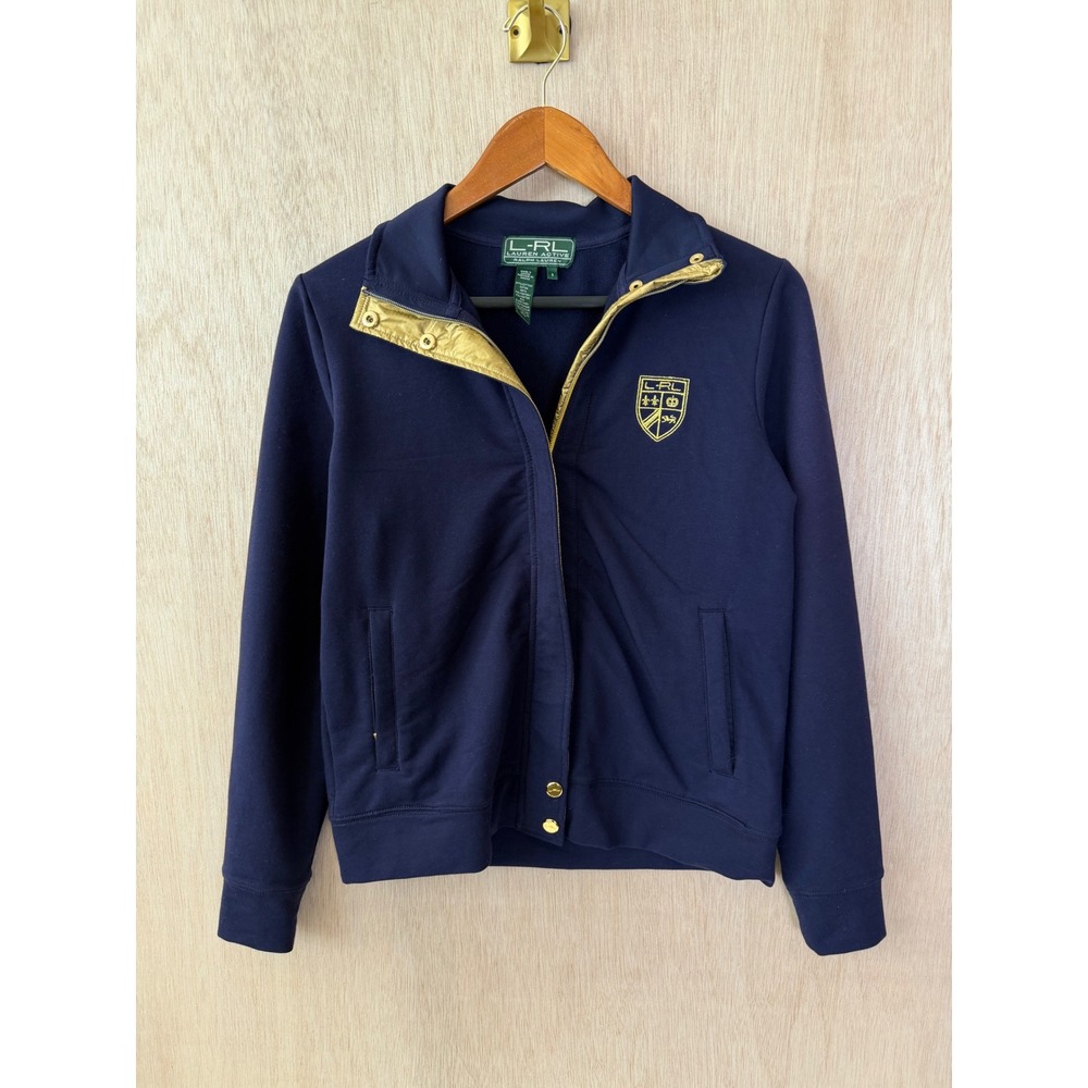 Lauren Ralph Lauren Active Navy Blue Crest Zip Up Track Jacket Gold Trim Small
